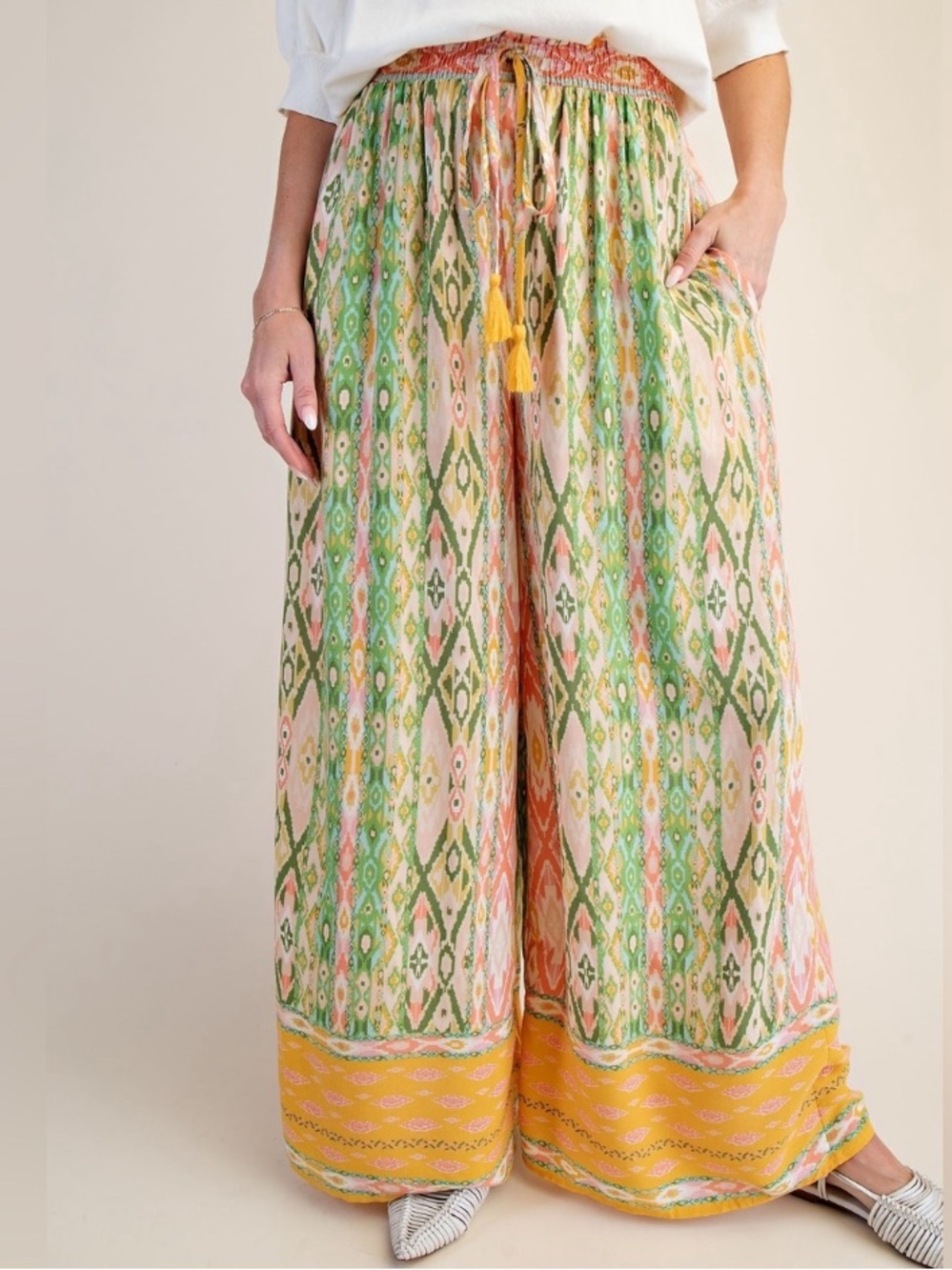 “The Heidi” Bohemian Tie-Waist Printed Wide-Leg Pants - Coral & Green